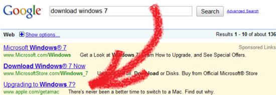 苹果利用谷歌AdWords 反击Windows 7