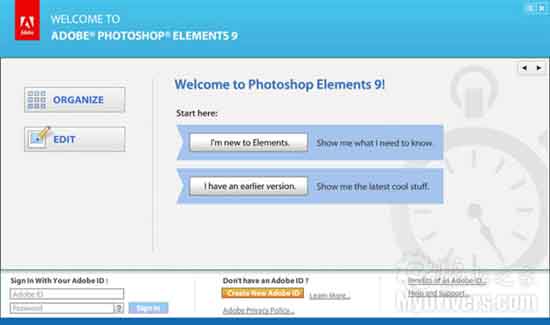 初次启动hotoshop Elements 9会给出管理、编辑两种选择