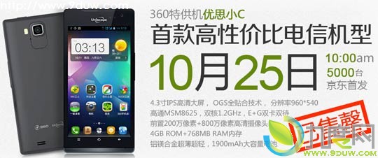360电信版特供机优思小C开卖：4.3寸/双核/999元