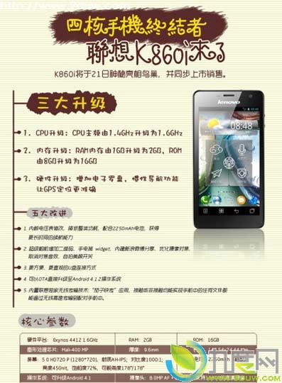 联想推出5寸1.6G四核旗舰新机K860i：2250mAh电池/Android 4.1.2