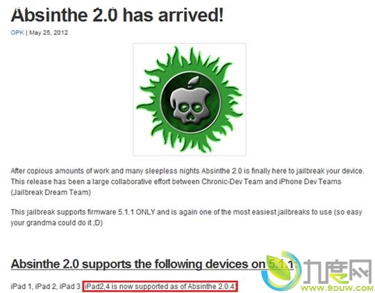 iOS 5.1.1完美越狱工具Absinthe 2.0.4版发布 加入iPad 2/4支持