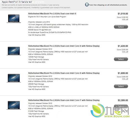苹果13英寸官翻版Macbook Pro上架：1019美元起