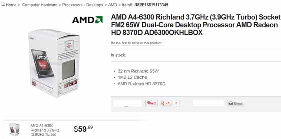 AMD最低端桌面APU：A4-6300盒装版上市：367元