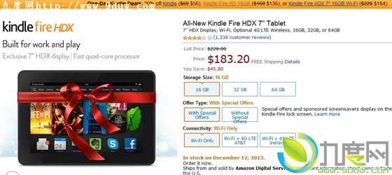 亚马逊7寸1200p骁龙800平板Kindle Fire HDX促销:1100元