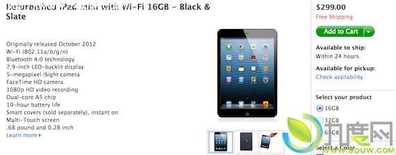 苹果官网开卖16GB翻新版iPad mini平板电脑：售1850元