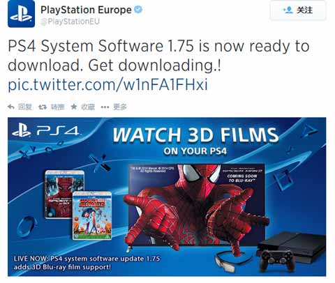 PS4最新1.75固件发布：支持3D蓝光电影播放