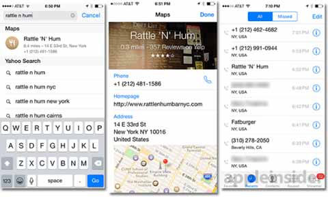 iOS 8新功能：地图中的兴趣点信息发送至电话应用的最近通话列表，从而显示最近通话的商户名称、地址，甚至Yelp数据