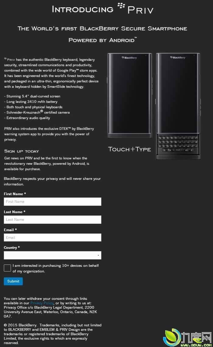 黑莓首款Android旗舰BlackBerry Priv开始预定