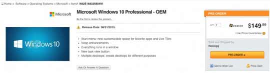 Windows 10售价/发布日期公布：家庭版109美元/专业版149美元