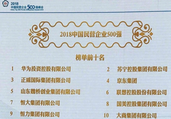 2018中国民营企业500强榜单公布！华为连续三年居榜首