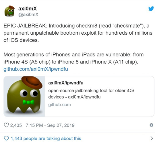 安全研究人员发现iOS永久不可修复漏洞：iPhone可永久越狱