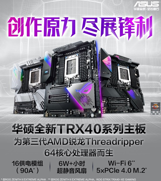 配套64核心128线程撕裂者3990X：华硕连发三款全新TRX40主板