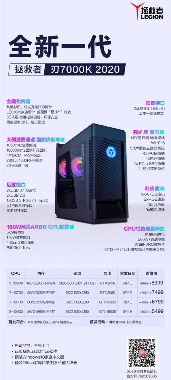 联想发布刃9000K/刃7000游戏台式机:酷睿i9-10900K十核5.3GHz处理器、64GB内存、RTX 2080 Super显卡