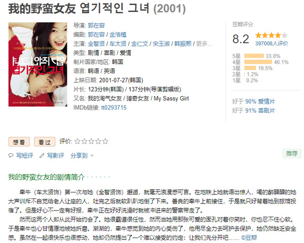 风靡亚洲的韩国 电影《我的野蛮女友》4K版2月底重映：全智贤、车太贤主演 