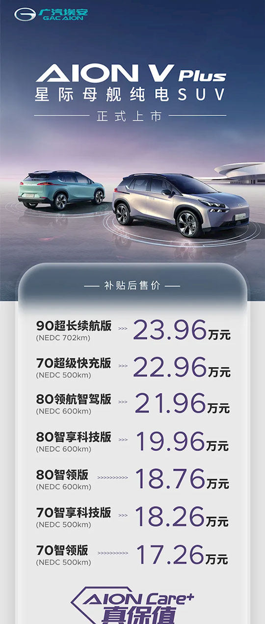 17.26万起！广汽埃安AION V Plus上市：充电5分钟续航112km