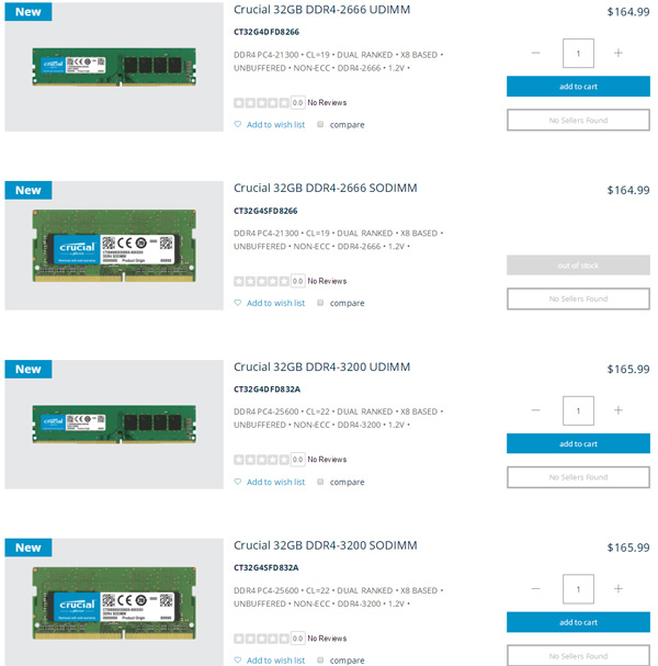 美光单条32GB DDR4消费级内存开卖:无散热片/RGB灯,单条3200MHz高频比2666MHz低频内存只贵1美元